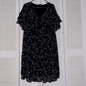 Torrid Women’s Black Ruffled Mid-Length Dress with Floral/Bird Print Size 2